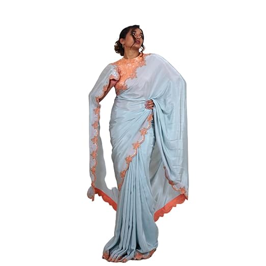 Avy's Label Premium Cotton Powder Blue Crepe Saree With Maggam Work And Peach Banaras Blouse And Blouse Lining Attached (Powder Blue, 40)