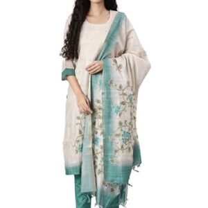 NEERU'S Beige Casual Straight Floral Kurta and Trousers with With Dupatta