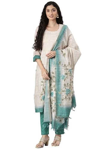 NEERU'S Beige Casual Straight Floral Kurta and Trousers with With Dupatta