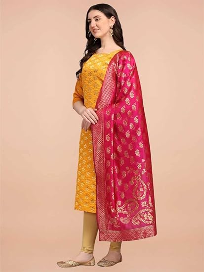 VredeVogel Women's Cotton Silk Blend Straight Kurta With Dupatta with Banarasi Silk Dupatta - Image 5