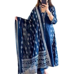 Rangnavi Women's Cotton Anarkali Printed Kurta with Palazzo & Dupatta Set