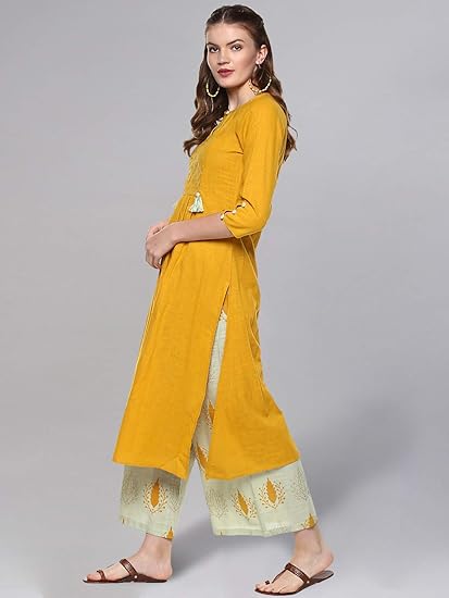 idaLia Ethnic Kurta Set for Women 3/4 Sleeve, Round Neck Cotton A-line Solid Kurta with Palazzo Pant Set - Image 3