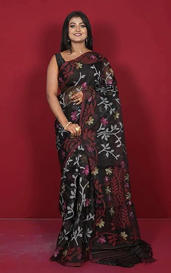 Bengal looms India- Elegant Jangla Jaal Lotus Motif Work Muslin Silk Dhakai Jamdani Saree with Blouse Piece for Festivals and Occasions - Image 5