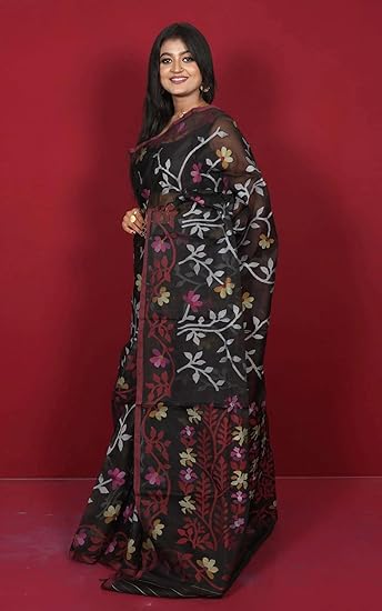 Bengal looms India- Elegant Jangla Jaal Lotus Motif Work Muslin Silk Dhakai Jamdani Saree with Blouse Piece for Festivals and Occasions - Image 4