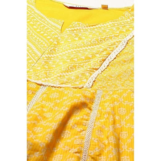 BIBA Printed Cotton Round Neck Women's Kurta Trouser Dupatta Set (Yellow, SIZE_40) - Image 4