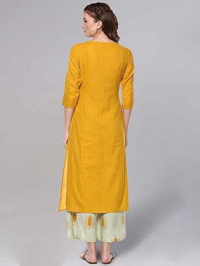 idaLia Ethnic Kurta Set for Women 3/4 Sleeve, Round Neck Cotton A-line Solid Kurta with Palazzo Pant Set - Image 6