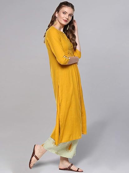 idaLia Ethnic Kurta Set for Women 3/4 Sleeve, Round Neck Cotton A-line Solid Kurta with Palazzo Pant Set - Image 5