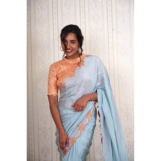 Avy's Label Premium Cotton Powder Blue Crepe Saree With Maggam Work And Peach Banaras Blouse And Blouse Lining Attached (Powder Blue, 40) - Image 2