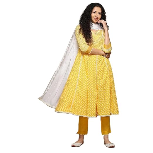 BIBA Printed Cotton Round Neck Women's Kurta Trouser Dupatta Set (Yellow, SIZE_40)
