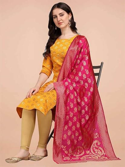 VredeVogel Women's Cotton Silk Blend Straight Kurta With Dupatta with Banarasi Silk Dupatta - Image 4