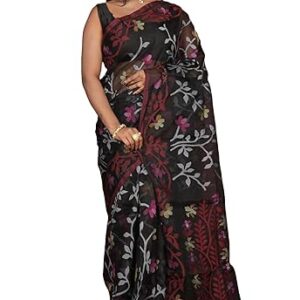 Bengal looms India- Elegant Jangla Jaal Lotus Motif Work Muslin Silk Dhakai Jamdani Saree with Blouse Piece for Festivals and Occasions