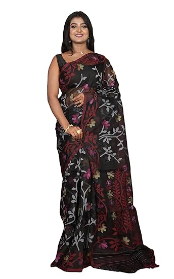 Bengal looms India- Elegant Jangla Jaal Lotus Motif Work Muslin Silk Dhakai Jamdani Saree with Blouse Piece for Festivals and Occasions