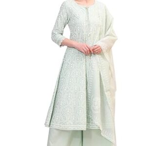 W for Woman White Thread Embroidered Textured Cotton A-line Kurta, Straight Pants and Dupatta Set