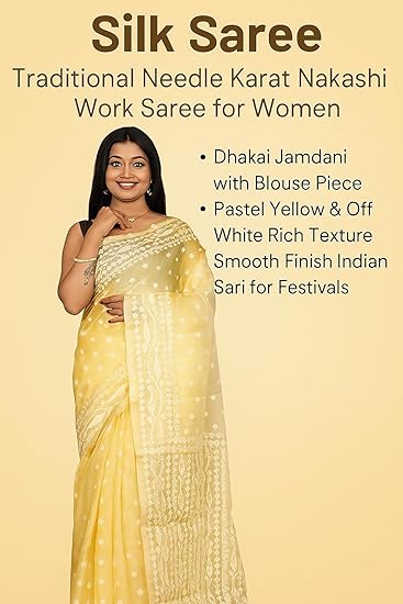 Bengal looms India Silk Saree Traditional Needle Karat Nakashi Work Saree for Women Dhakai Jamdani with Blouse Piece in Pastel Yellow & Off White Rich Texture Smooth Finish Indian Sari for Festivals - Image 5