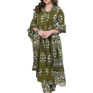 Arayna Women's Pure Cotton Block Printed Ethnic Wear Kurta Set with Palazzo Pants & Dupatta