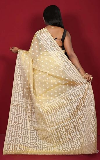 Bengal looms India Silk Saree Traditional Needle Karat Nakashi Work Saree for Women Dhakai Jamdani with Blouse Piece in Pastel Yellow & Off White Rich Texture Smooth Finish Indian Sari for Festivals - Image 4