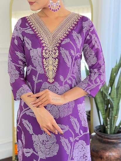 Naixa Women's Purple Rayon Embroidered Straight Kurta with Rayon Pant and Organza Laced Dupatta Sets (Available in Plus Size) (NX-713) - Image 2