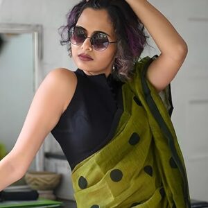 Sidhidata Women's Polka Dot Printed Linen Cotton Saree With Unstitched Blouse Piece (Laddu_Free Size)