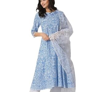 W for Woman Light Blue Floral Printed Flared Kurta, Straight Pants and Dupatta Set