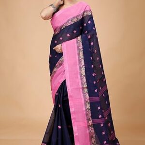 Women's Traditional Bengal Tant Pure Cotton Design Border & Butta Tant Saree Without Blouse Piece