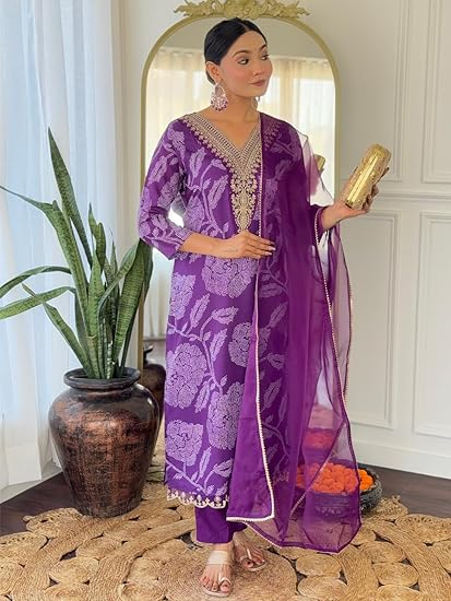 Naixa Women's Purple Rayon Embroidered Straight Kurta with Rayon Pant and Organza Laced Dupatta Sets (Available in Plus Size) (NX-713) - Image 4