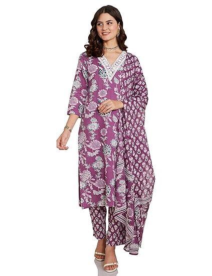 Amazon Brand - Myx Women's Blend Regular Cotton Rich Printed Kurta Pant Set with Dupatta
