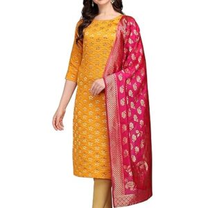 VredeVogel Women's Cotton Silk Blend Straight Kurta With Dupatta with Banarasi Silk Dupatta