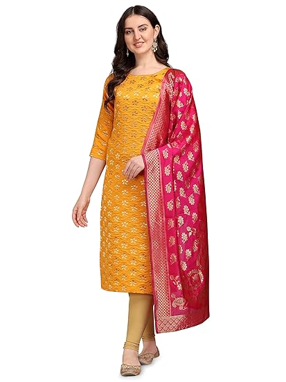 VredeVogel Women's Cotton Silk Blend Straight Kurta With Dupatta with Banarasi Silk Dupatta