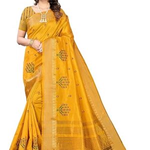 SERONA FABRICS Women's Assam Cotton Silk With Golden Border Thread Embroidery Saree With Blouse Piece