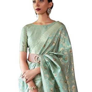 SWORNOF Women's kanjivaram banarasi silk saree Zari Woven for festival Wedding silk with rich pallu Design sarees for women with Unstitched blouse piece