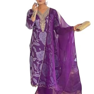 Naixa Women's Purple Rayon Embroidered Straight Kurta with Rayon Pant and Organza Laced Dupatta Sets (Available in Plus Size) (NX-713)