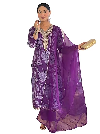 Naixa Women's Purple Rayon Embroidered Straight Kurta with Rayon Pant and Organza Laced Dupatta Sets (Available in Plus Size) (NX-713)