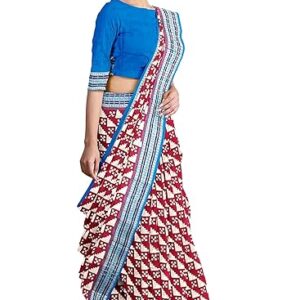 OdiKala Sambalpuri silk saree with blouse piece(SSSR1176, Pasapalli design, Red white and sky blue colors combination)